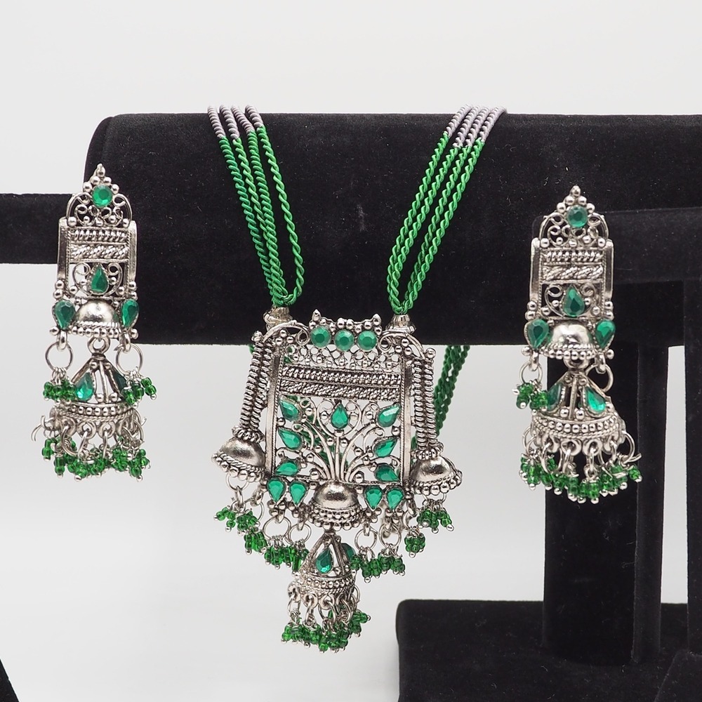 Vintage Jhumka Necklace Earrings Set Silver Tone Green Rhinestone Bead Fringe